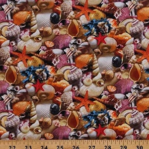 Elizabeth&#39;s Studio Shells Seashells Oceans Beaches Landscape Medley Premium Quality 100% Cotton Fabric (ES68)