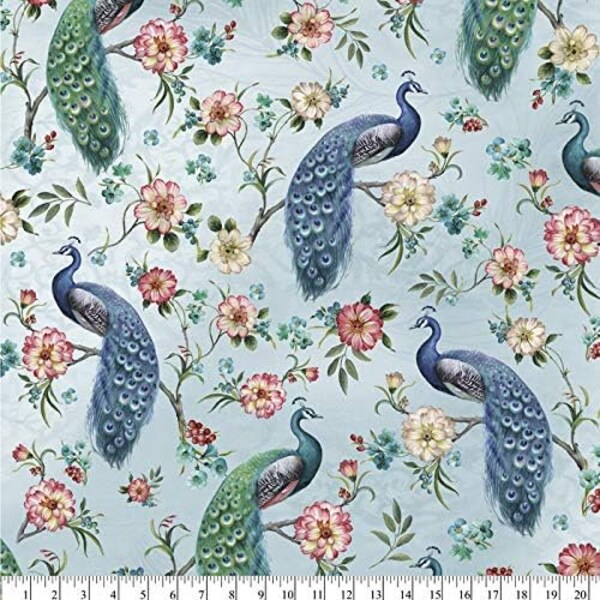 David Textiles Floral Peacock Blue Premium Quality 100% Cotton Fabric (DA166)