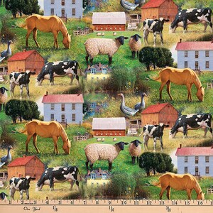 Farm Scene Animal Scenic Digital Four Seasons David Textiles 100% cotton fabric by the yard  (DA116)