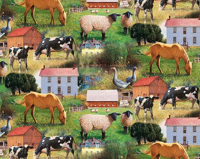 Farm Scene Animal Scenic Digital Four Seasons David Textiles 100% cotton fabric by the yard  (DA116)