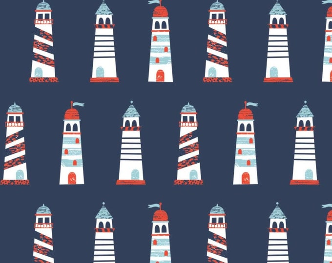 Camelot Fabrics Nautical Collection Lighthouses Navy Blue Premium Quality 100% Cotton Fabric (CA1049KK)