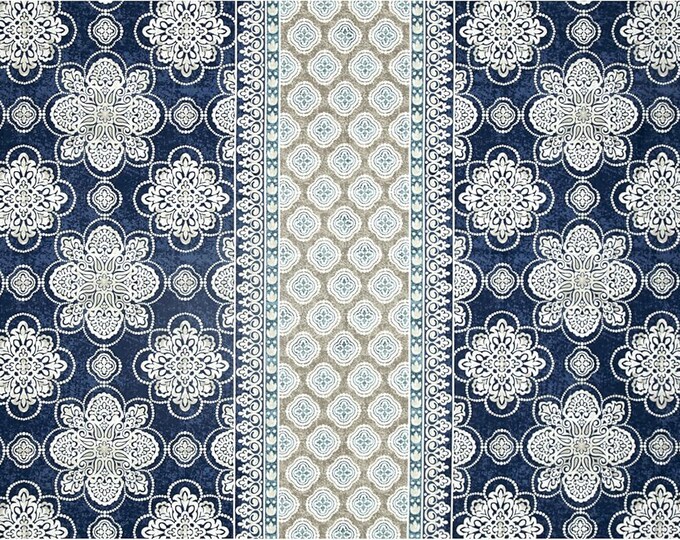 Timeless Treasures Santorini by Michele D'Amore Blue Medallion Stripe Premium Quality 100% Cotton Fabric (TT317)
