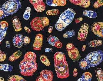 Elizabeth's Studio Metallic Matryoshka Tossed Dolls Black Premium Quality 100% Cotton Fabric (ES531CC)