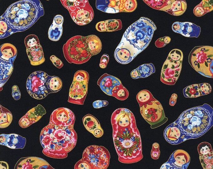 Elizabeth's Studio Metallic Matryoshka Tossed Dolls Black Premium Quality 100% Cotton Fabric (ES531CC)