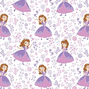 May include: A seamless pattern featuring a cartoon princess in a purple and pink dress with a crown. The princess is surrounded by a variety of purple flowers and leaves on a white background.