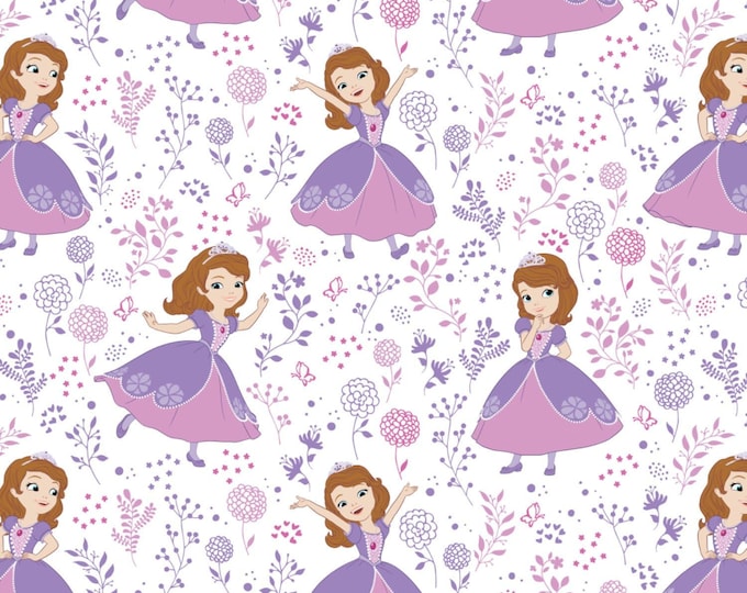 Camelot Fabrics Disney Sofia the First Meadow in White Premium Quality 100% Cotton Fabric (CA744)
