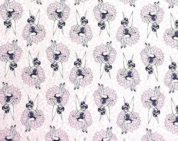 Camelot Fabrics Disney Tinker Bell Sitting On A Flower in White Premium Quality 100% Cotton Fabric (CA734KK)
