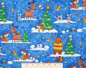 Timeless Treasures Snow Day Scenic Deer Hedgehog Owl Premium Quality 100% Cotton Fabric (TT277)