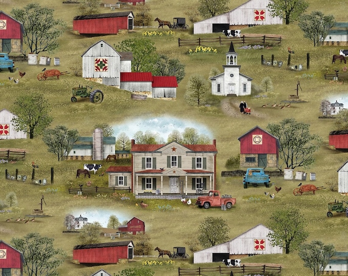 Elizabeth's Studio Headin' Home Fabric | Farmhouse Barn Church Allover Premium Quality 100% Cotton Fabric (ES503CC)