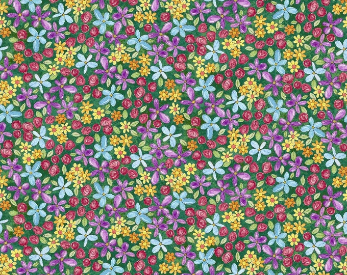 Quilting Treasures Shop Hop Packed Flowers Green Premium Quality 100% Cotton Fabric (QT1079)