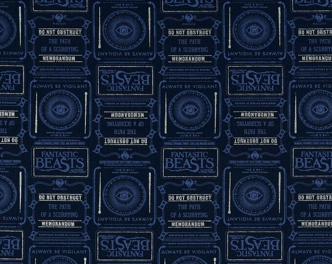Camelot Fabrics Wizarding World Fantastic Beasts Newsprint & symbols in Blue with Metallic Premium Quality 100% Cotton Fabric (CA1104)
