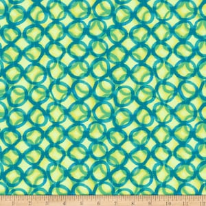 May include: A seamless fabric pattern with a repeating design of overlapping teal blue circles on a light yellow background.