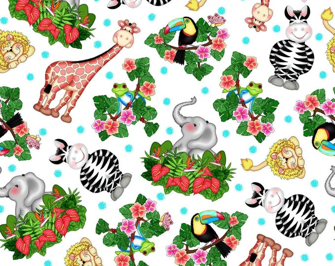 Springs Creative Bazooples Waterfall Animals Tossed on White Premium Quality 100% Cotton Fabric (SC550AA)
