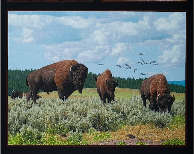 Elizabeth's Studio Where Buffaloes Roam 24x43'' Panel Black Premium Quality 100% Cotton fabric by the Panel (ES398)