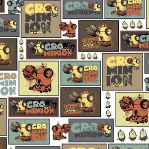 May include: A white background with a repeating pattern of yellow, blue, and brown cartoon characters. The characters are wearing brown and orange clothing and holding a club. The text "Cro Minion" is repeated throughout the pattern.