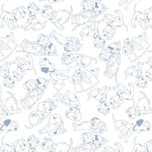 May include: A seamless pattern featuring a repeating design of blue Dalmatian puppies in various poses on a white background.