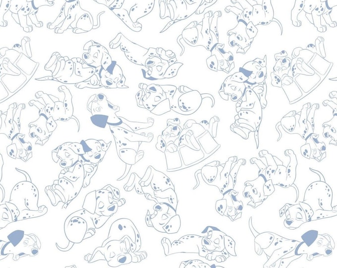 Camelot Fabrics Disney 101 Dalmatians Puppies Dogs Outlines Blue Premium Quality 100% Cotton Fabric (CA35)