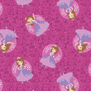 May include: A seamless pattern featuring a princess in a purple dress with a crown on her head. The princess is surrounded by pink flowers and leaves. The background is a solid pink color.