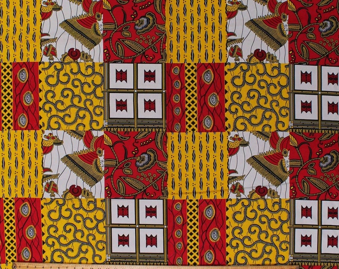 Springs Creative Print Chaigany Wax Kali Red Yellow Block Print Africa Tribal Designs Premium Quality 100% Cotton Fabric (SC1445)