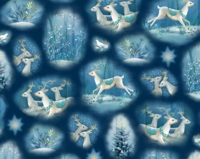 Quilting Treasures Winter Wishes 28855 N Navy Reindeer Vignettes Premium Quality 100% Cotton Fabric (QT613XX)
