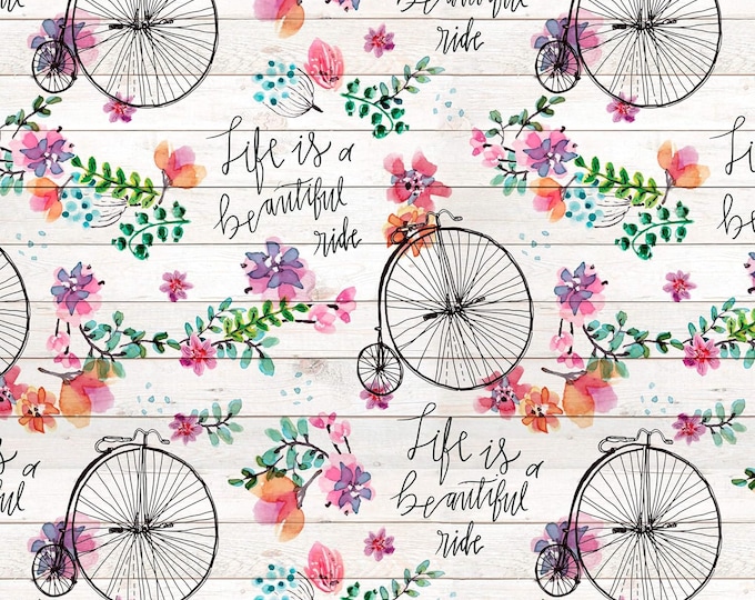 David Textiles Beautiful Ride Cream/Multi Flowers High wheeler bicycle Premium Quality 100% Cotton Fabric (DA138)