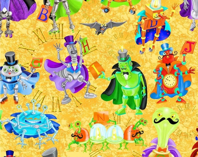Quilting Treasures Bits & Bots Packed Robots, Gold Premium Quality 100% Cotton Fabric (QT1003)