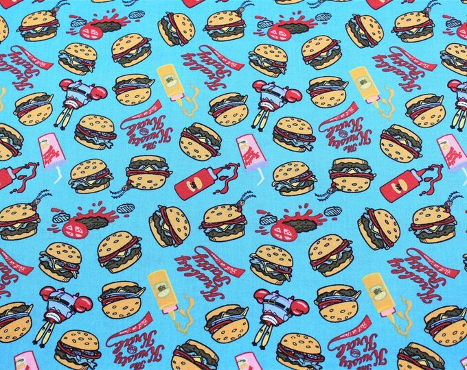 Springs Creative Spongebob Krabby Patty Tossed in Blue Premium Quality 100% Cotton Fabric (CA629SC)