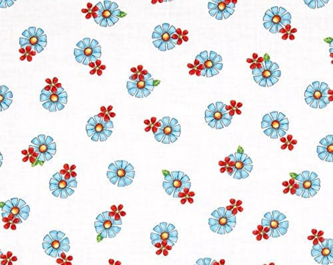 Quilting Treasures Who Let The Hogs Out Tossed Flower White/Blue Premium Quality 100% Cotton Fabric (QT616)