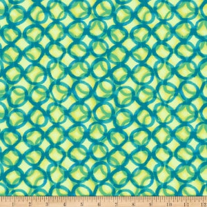 May include: A seamless fabric pattern with a repeating design of overlapping teal blue circles on a light yellow background.