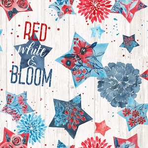 May include: Red, white, and blue stars with floral designs on a white wood background. The text "RED white & BLOOM" is in the center of the image.