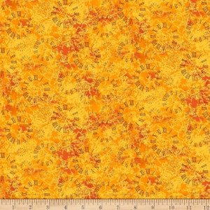 May include: A fabric with a repeating pattern of clock faces in shades of yellow, orange, and brown. The clock faces have Roman numerals and are set against a textured background, creating a vintage or antique aesthetic.