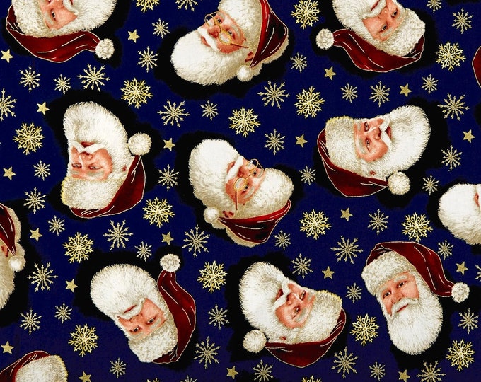Quilting Treasures Christmas Eve Santa Head Toss Metallic Gold/Navy Quilt Premium Quality 100% Cotton Fabric (QT1137KK)