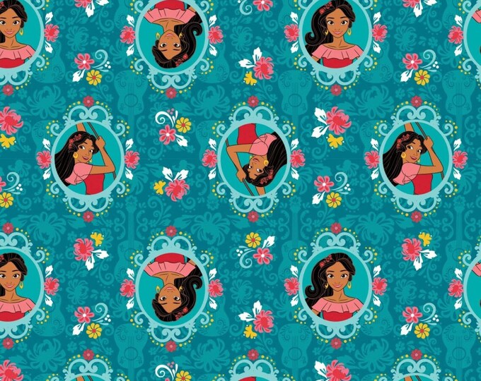 Camelot Fabrics Disney Elena of Avalor Floral Frame in Teal Premium Quality 100% Cotton Fabric (CA132)