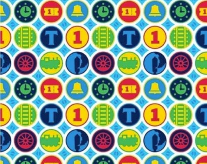 Quilting Treasures Team Express Train Badges White Premium Quality 100% Cotton Fabric (QT642)