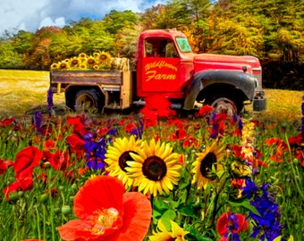 David Textiles Wildflower Farm Truck 35" Panel Multicolor Premium Quality 100% Cotton Fabric by The Panel. (DA15XX)