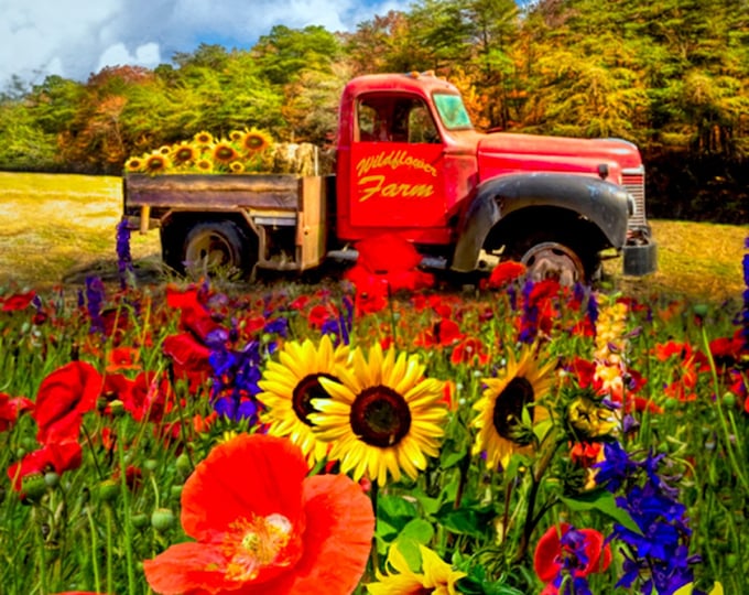 David Textiles Wildflower Farm Truck 35" Panel Multicolor Premium Quality 100% Cotton Fabric by The Panel. (DA15XX)