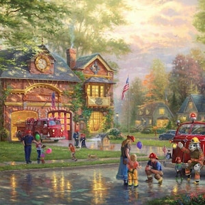 Hometown Firehouse Panel Thomas Kinkade 2039 CW1 David Textile 100% Cotton Fabric By The Panel 35&quot; x 42&quot; (DA126)