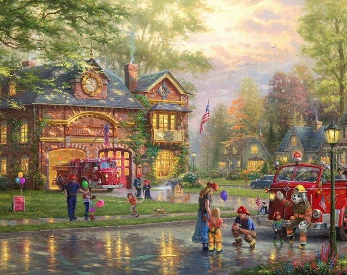 Hometown Firehouse Panel Thomas Kinkade 2039 CW1 David Textile 100% Cotton Fabric By The Panel 35" x 42" (DA126)