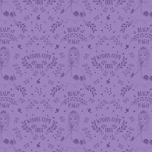 May include: A purple background with a repeating pattern of a princess in a gown, a floral wreath, and the text "a realm of magic" and "wishes come true".