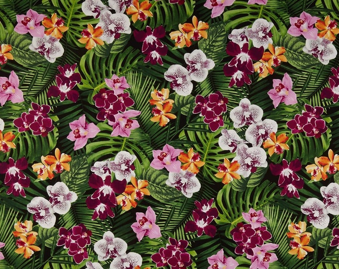 Timeless Treasures Tropical Banana Leaves & Flowers Green Premium Quality 100% Cotton Fabric (TT883)