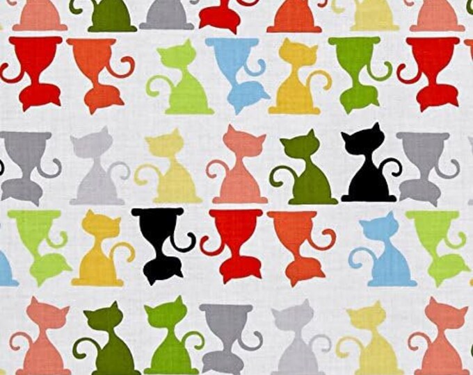 Susybee Purrl The Cat Silouettes White/Multi Premium Quality 100% Cotton Fabric (SB89)