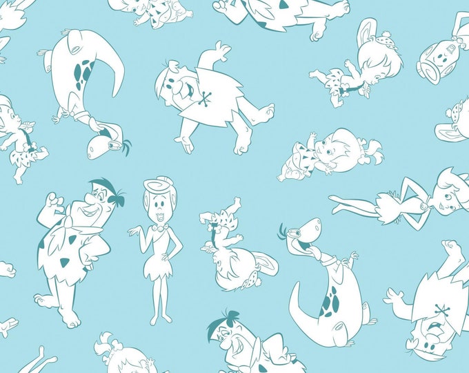 Camelot Fabrics Flintstones Tonal Characters in Light Blue Premium Quality 100% Cotton Fabric (CA598)