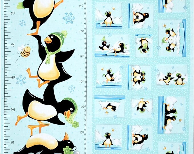 Susybee Gwyn the Penguin Gwyn Growth Chart 36 In. Panel Aqua Premium Quality 100% Cotton Fabric sold by the panel (SB18)
