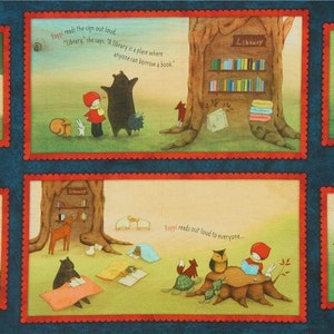 May include: A colorful illustration of a girl in a red hooded dress reading a book to animals in a forest. The text in the image reads "Poppy reads out loud to everyone."