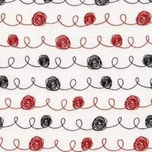 May include: A white background with repeating rows of black and red squiggly lines and small circles. The circles are filled in with black and red.
