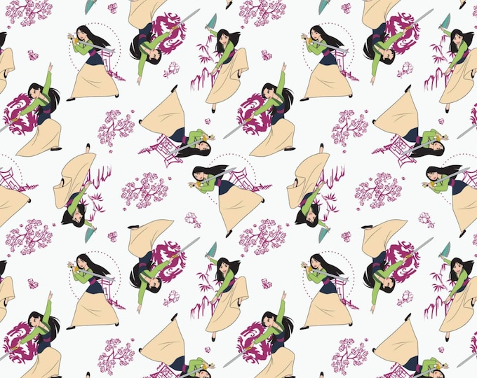 Camelot Fabrics Disney Princess Heart Strong Mulan in White Premium Quality 100% Cotton Fabric (CA909)