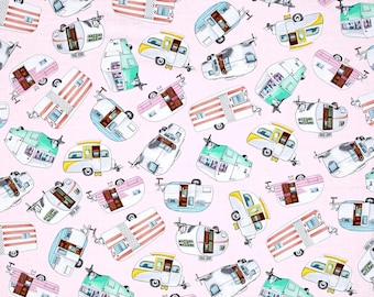 Timeless Treasures Vintage Campers Pink Premium Quality 100% Cotton Fabric (TT713)