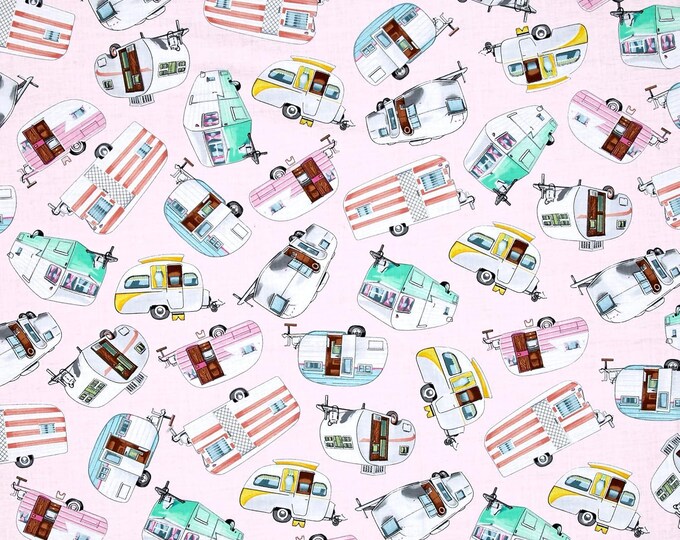 Timeless Treasures Vintage Campers Pink Premium Quality 100% Cotton Fabric (TT713)