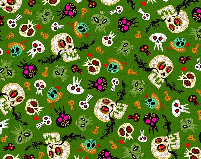 Quilting Treasures Hot Tamale Skulls Green Premium Quality 100% Cotton Fabric (QT1272KK)