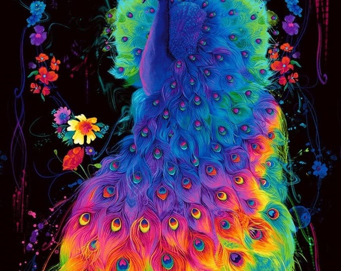Timeless Treasures Glow Rainbow Peacock Black 24" Panel Premium Quality 100% Cotton Fabric (TT3XX)